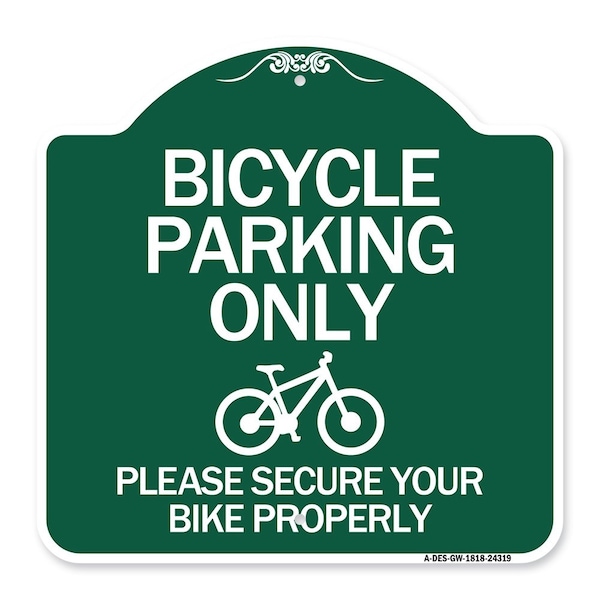 Signmission Bicycle Parking Please Secure Your Bike Properly, Green & White Alum Sign, 18" x 18", GW-1818-24319 A-DES-GW-1818-24319 - main